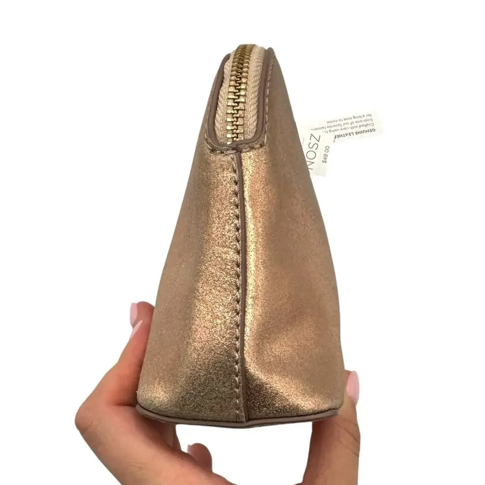 Chico's NWT Rose Gold Structured Shine Leather Pouch Cosmetic Bag Travel Case